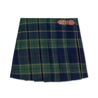 Hope & Henry Girls' Organic Pleated Buckle Skirt, Kids In Navy Schoolgirl Plaid