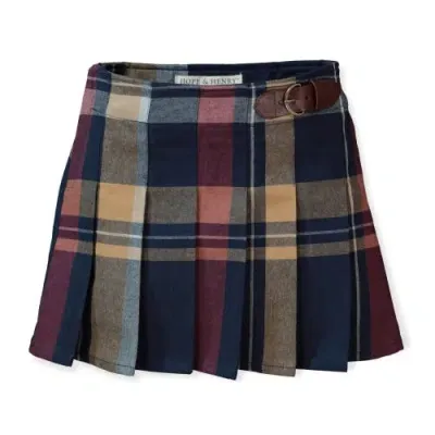 Hope & Henry Babies'  Girls' Organic Pleated Buckle Skirt, Toddler In Navy Multi Plaid