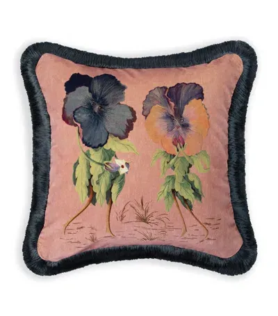 House Of Hackney Medium Velvet Amatoria Pansies Fringed Cushion In Pink