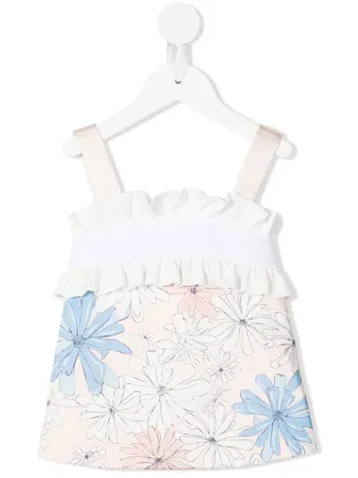 Hucklebones London Kids' Floral Print Frilled Sleeveless Top In Neutrals