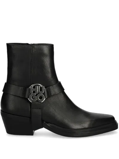 Hugo Ankle Boots In Leather With Metallic Stacked-logo Trim In Black