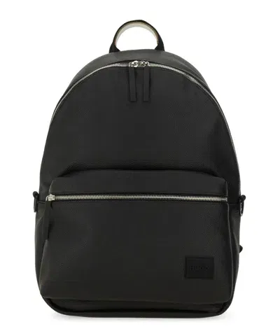 Hugo Logo-patch Grained-texture Backpack In Black