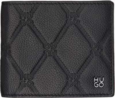 Hugo Black Leather Stacked Logo Chain Pattern Wallet In 001-black