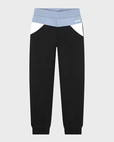 Hugo Boss Kids' Boy's Color Block Logo-print Joggers In Black