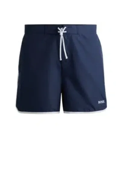 Hugo Boss Logo-embroidered Quick-dry Swim Shorts With Contrast Details In Dark Blue