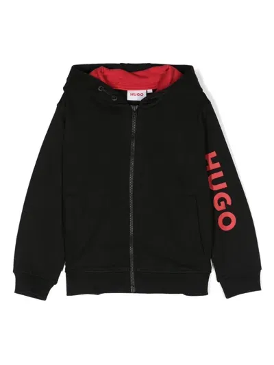 Hugo Kids' Logo-print Hooded Cardigan In Black