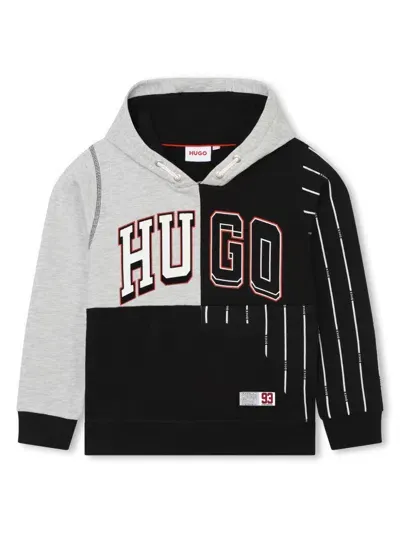 Hugo Kids' Logo-print Patchwork Hoodie In Grey