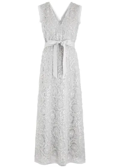 Huishan Zhang Esma Embellished Tulle Maxi Dress In Silver