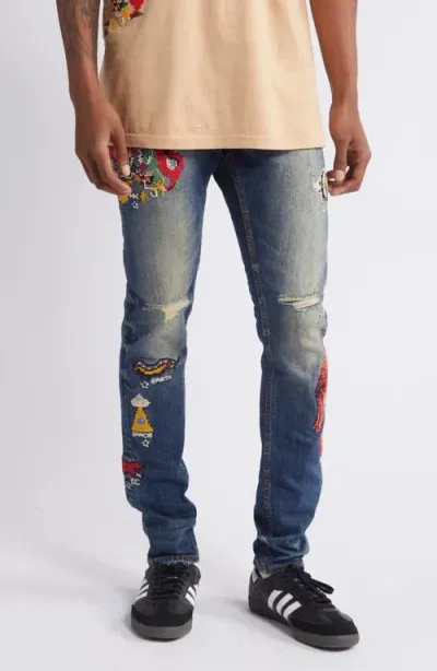 Icecream World Tour Embroidered Ripped Stretch Jeans In Blueberry Haze