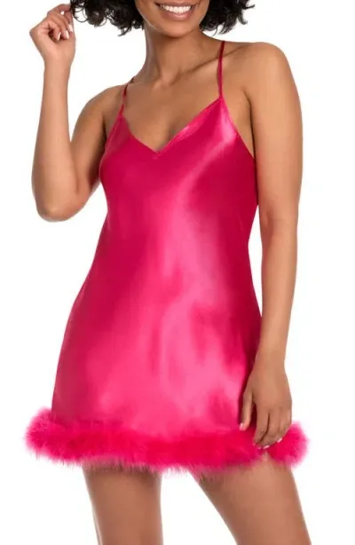 In Bloom By Jonquil Hollie Feather Trim Satin Chemise In Bright Rose