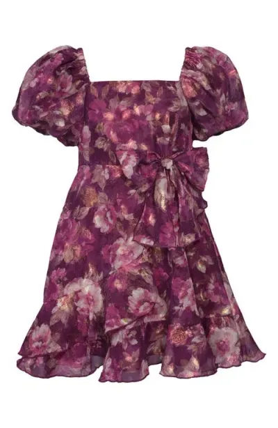 Iris & Ivy Kids' Floral Puff Sleeve Chiffon Party Dress In Burgundy