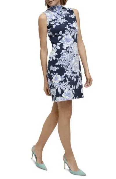 Isaac Mizrahi New York Mock Neck Sleeveless Cotton Knit Dress In Garden Toile - Navy