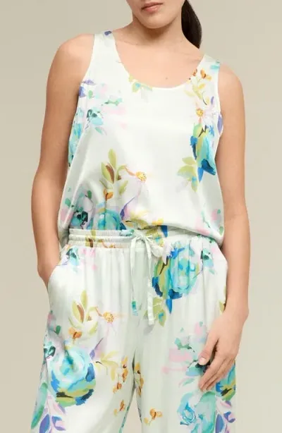 Isaac Mizrahi New York Print Satin Tank In French Floral - Blue