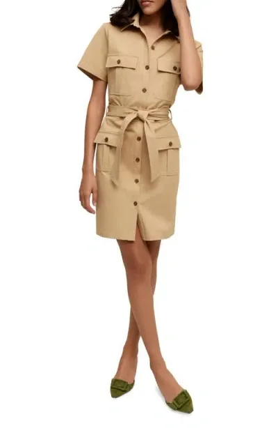 Isaac Mizrahi New York Safari Tie Belt Mini Shirtdress In Warm Khaki