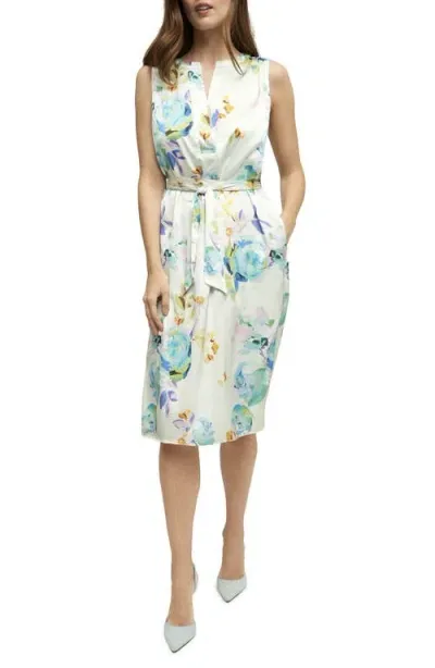 Isaac Mizrahi New York Split Neck Satin Dress In French Floral Blue