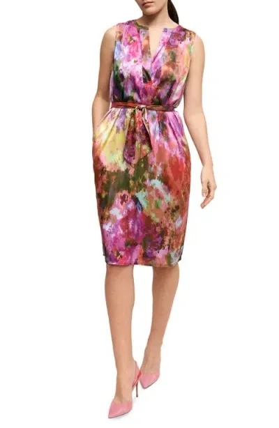 Isaac Mizrahi New York Split Neck Satin Dress In Holi Multi