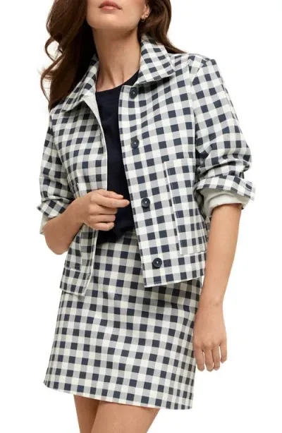 Isaac Mizrahi New York Stretch Twill Crop Jacket In Spring Navy Gingham