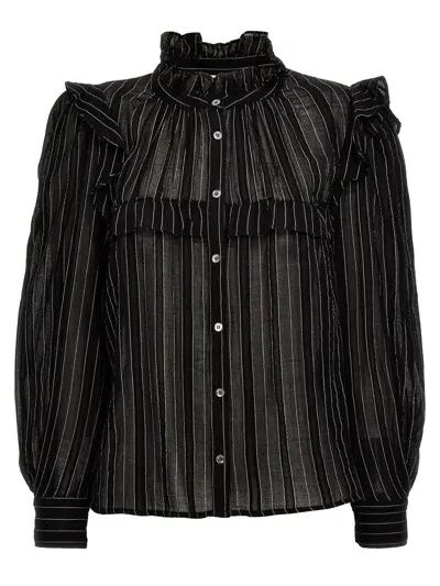 Isabel Marant Étoile Pleated Ruffle Sheer Striped Shirt In White/black