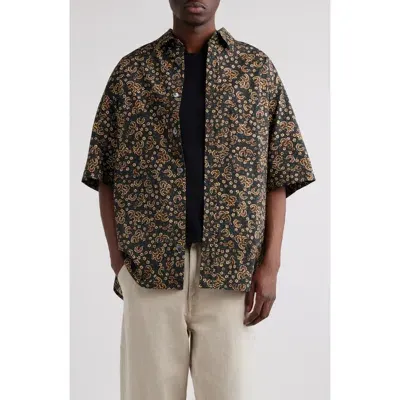 Isabel Marant Labilo Oversize Floral Short Sleeve Button-up Shirt In Black-ochre