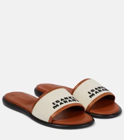 Isabel Marant Vikee Logo-embroidered Canvas And Leather Slides In Beige