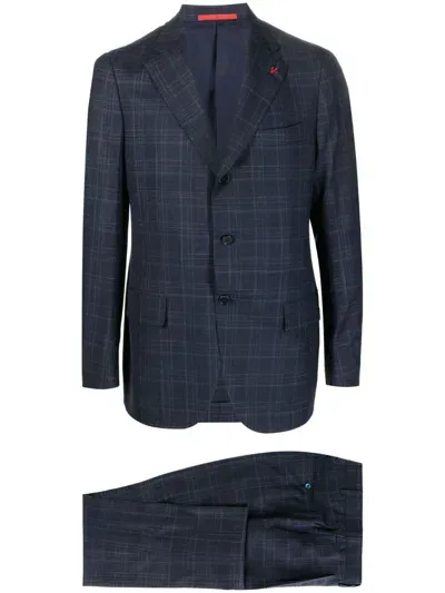 Isaia Check-pattern Single-breasted Blazer In Blue