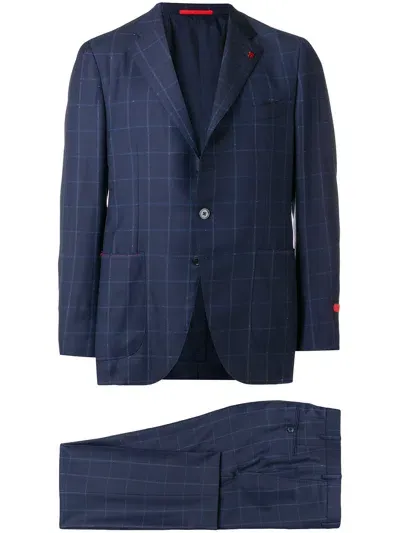 Isaia Grid Print Suit In Blue