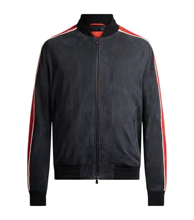 Isaia Leather Bomber Jacket In Navy