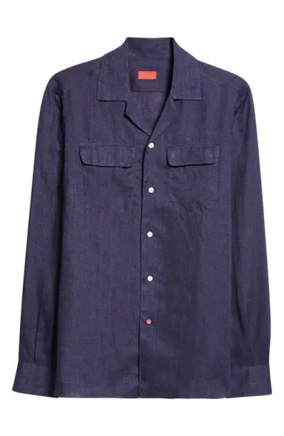 Isaia Linen Camp Shirt In Dark Blue