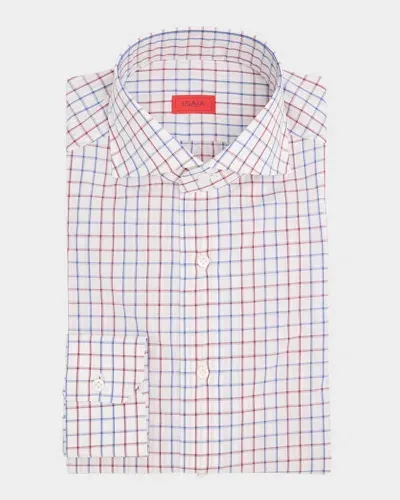 Isaia Men's Cotton Graph Check Dress Shirt In White Red