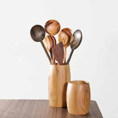 Itza Wood Teak Utensil Holder In Brown