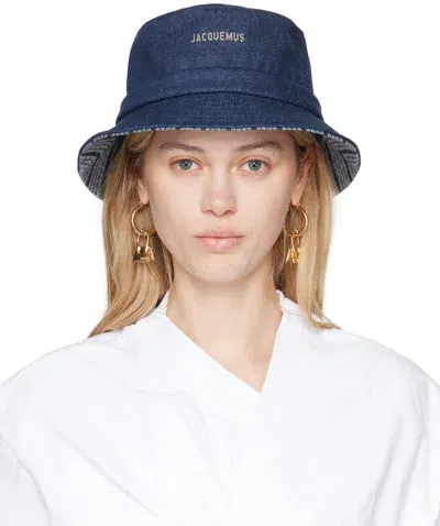 Jacquemus Le Bob Gadjo Cotton Logo Bucket Hat In Navy/navy Strip