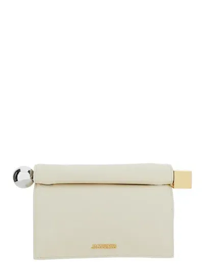 Jacquemus 'la Rond Carré' White Clutch With Logo Lettering Detail In Leather Woman