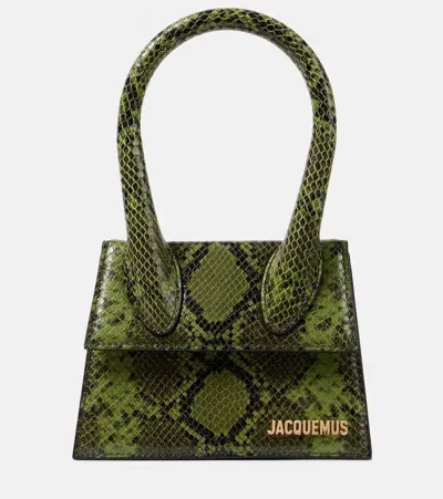 Jacquemus Le Chiquito Mini Snake-effect Patent-leather Tote In Green