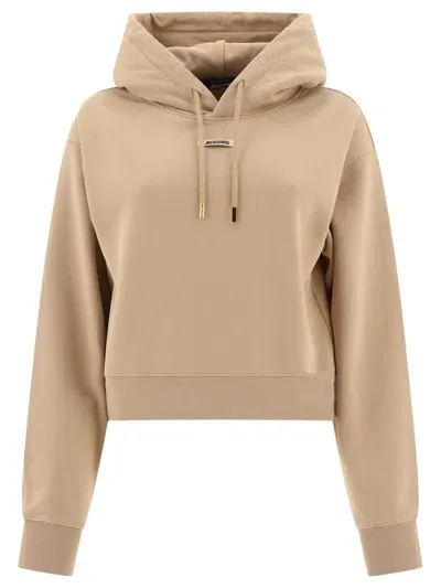 Jacquemus Logo Patch Drawstring Hoodie In Beige