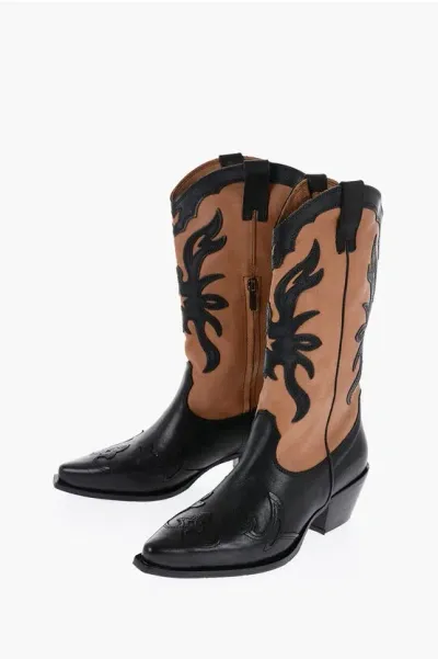 Je T'aime Two-tone Leather Wester Boots With Heel 6cm In Black