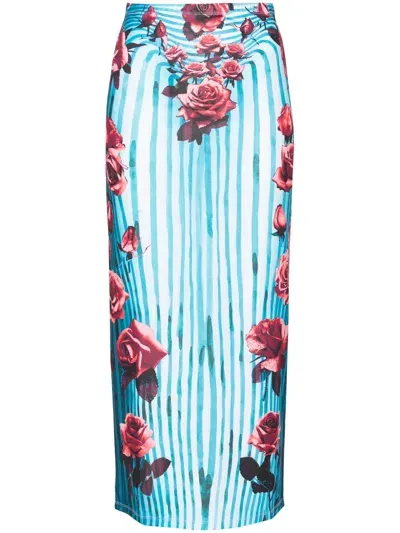 Jean Paul Gaultier Blue Morphing Rose-print Pencil Skirt