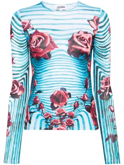 Jean Paul Gaultier Blue Morphing Rose-print Top In 503001 Blue/red/white