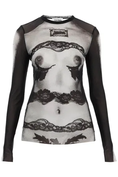 Jean Paul Gaultier Top In Mesh 'body Lace Marinière' In Black