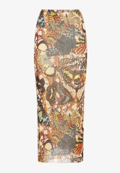 Jean Paul Gaultier Butterfly-print Maxi Mesh Skirt In  Yellow Multicolor