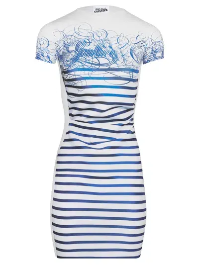 Jean Paul Gaultier Calligraphie Mariniere Mini Dress Woman White In Polyester In 0159 White/navy