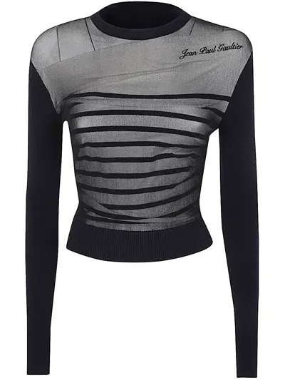 Jean Paul Gaultier Crewneck Ribbed Mariniere Pullover With Mesh Layer In Azul