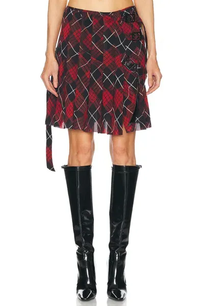 Jean Paul Gaultier Pleated Mesh Short Skirt Printed Distorted Tartan In Red