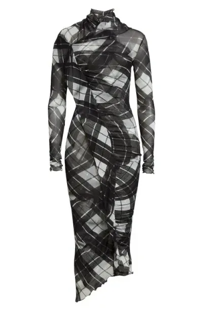 Jean Paul Gaultier Draped Plaid Long Sleeve Mesh Midi Dress In Black