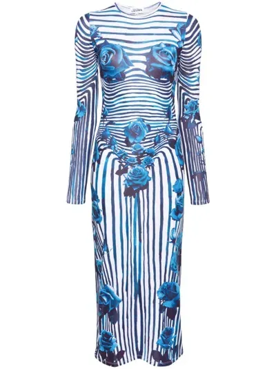 Jean Paul Gaultier White And Blue Flower Body Morphing Midi Dress In 015951 White/navy/aqua