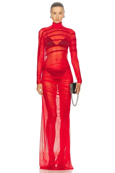 Jean Paul Gaultier Gaultier & Mariniere Turtleneck Draped Mesh Dress In Red