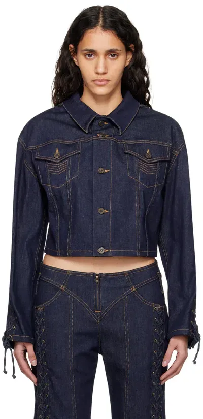 Jean Paul Gaultier Oversized Lace-up Topstitched Denim Jacket In 55-indigo