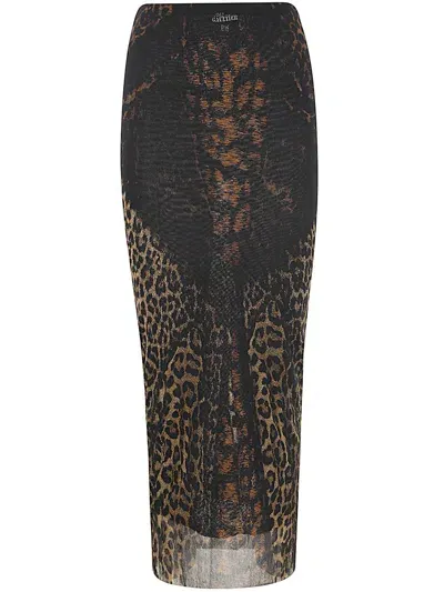 Jean Paul Gaultier Mesh Long Skirt Printed Leopard In Black