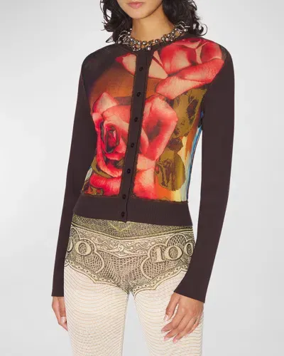 Jean Paul Gaultier Roses-print Long-sleeve Crewneck Cardigan In Brown  Green  Red  & Blue