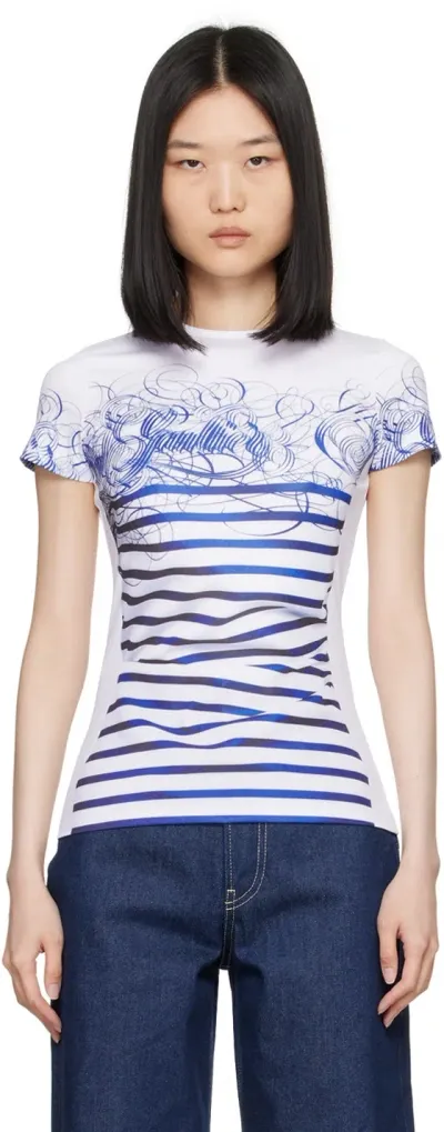 Jean Paul Gaultier White & Blue 'the Calligraphy Marinière' T-shirt In 0159-whitenavy