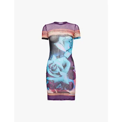 Jean Paul Gaultier Roses Mini Dress Woman Multicolor In Nylon In Purple Blue Multi